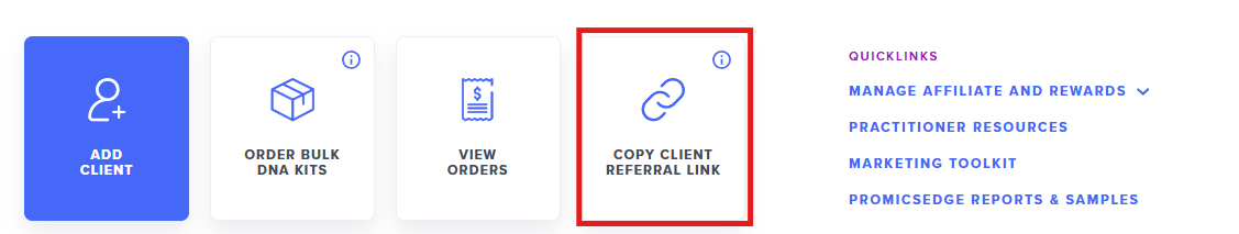 Copy client referral link option on dashboard