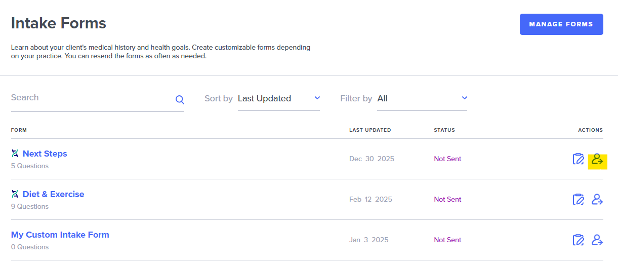 Send an intake form to a client