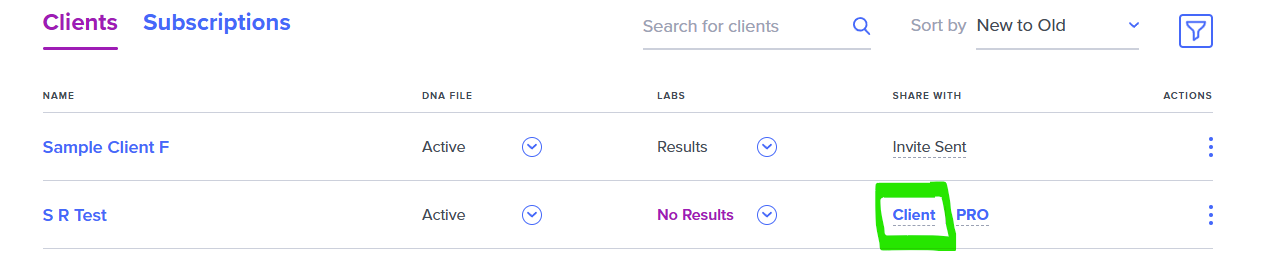 Client option under Share With column