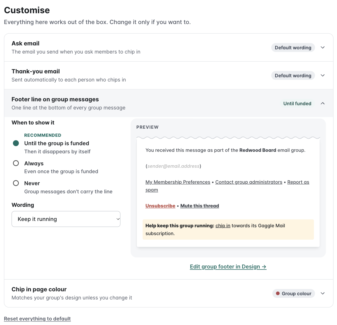 The Customise tab with the footer line options open and a preview of the footer