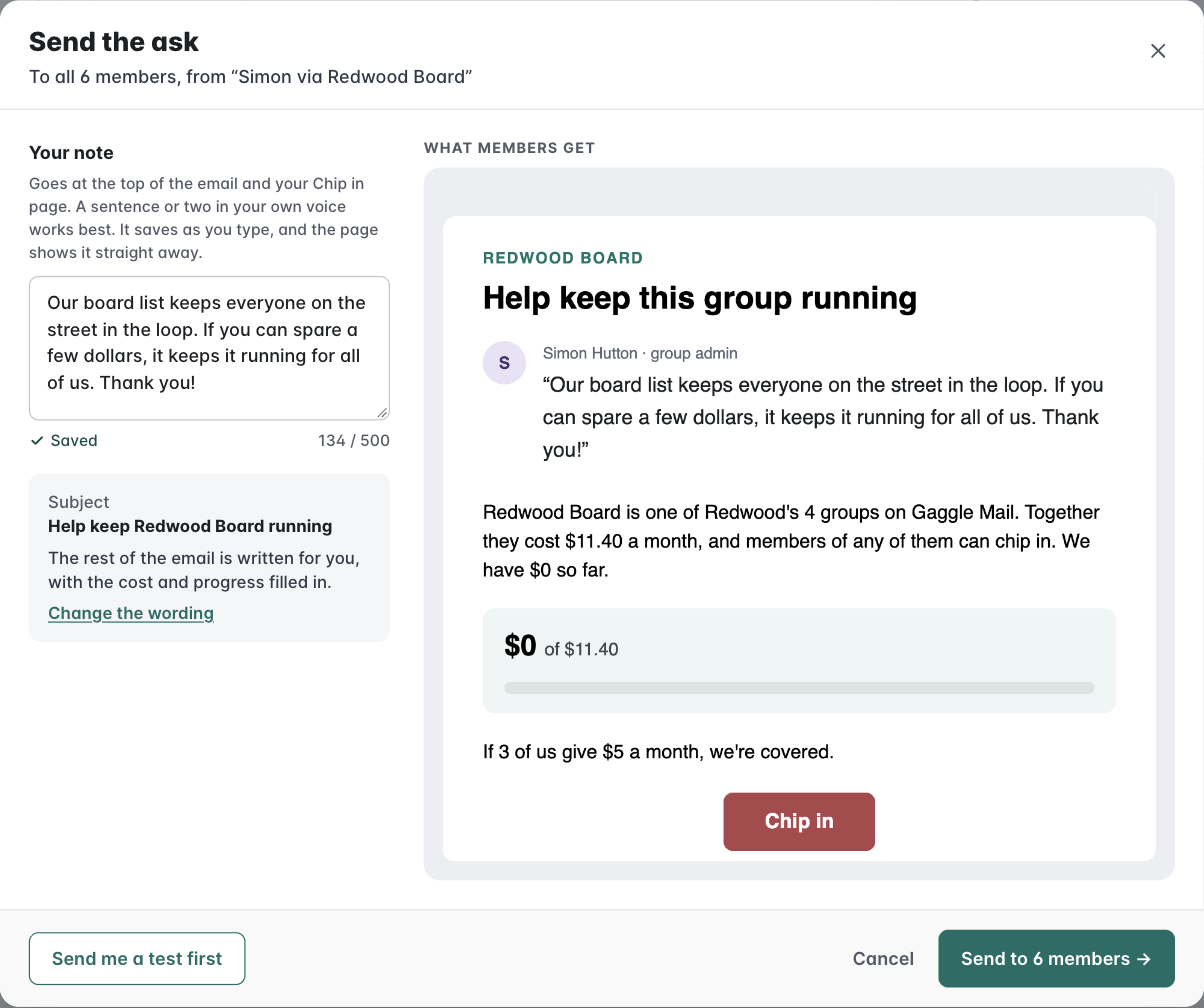 The Send the ask pop-up with the note on the left and a preview of the email members get on the right