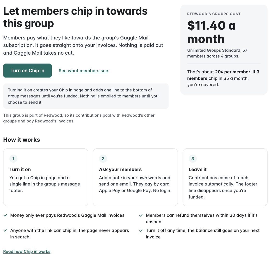 The Chip in tab before it is turned on, with the Turn on Chip in button, what the group costs and how it works