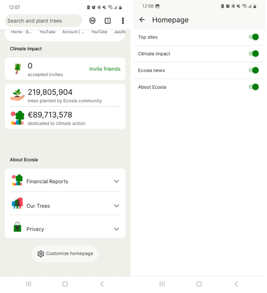 2 pictures showing how to access the customize homepage section and subsequently the options that can be toggled