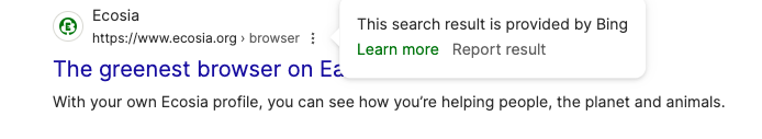 Screenshot 3 dot menu on SERP, showing search result provider 