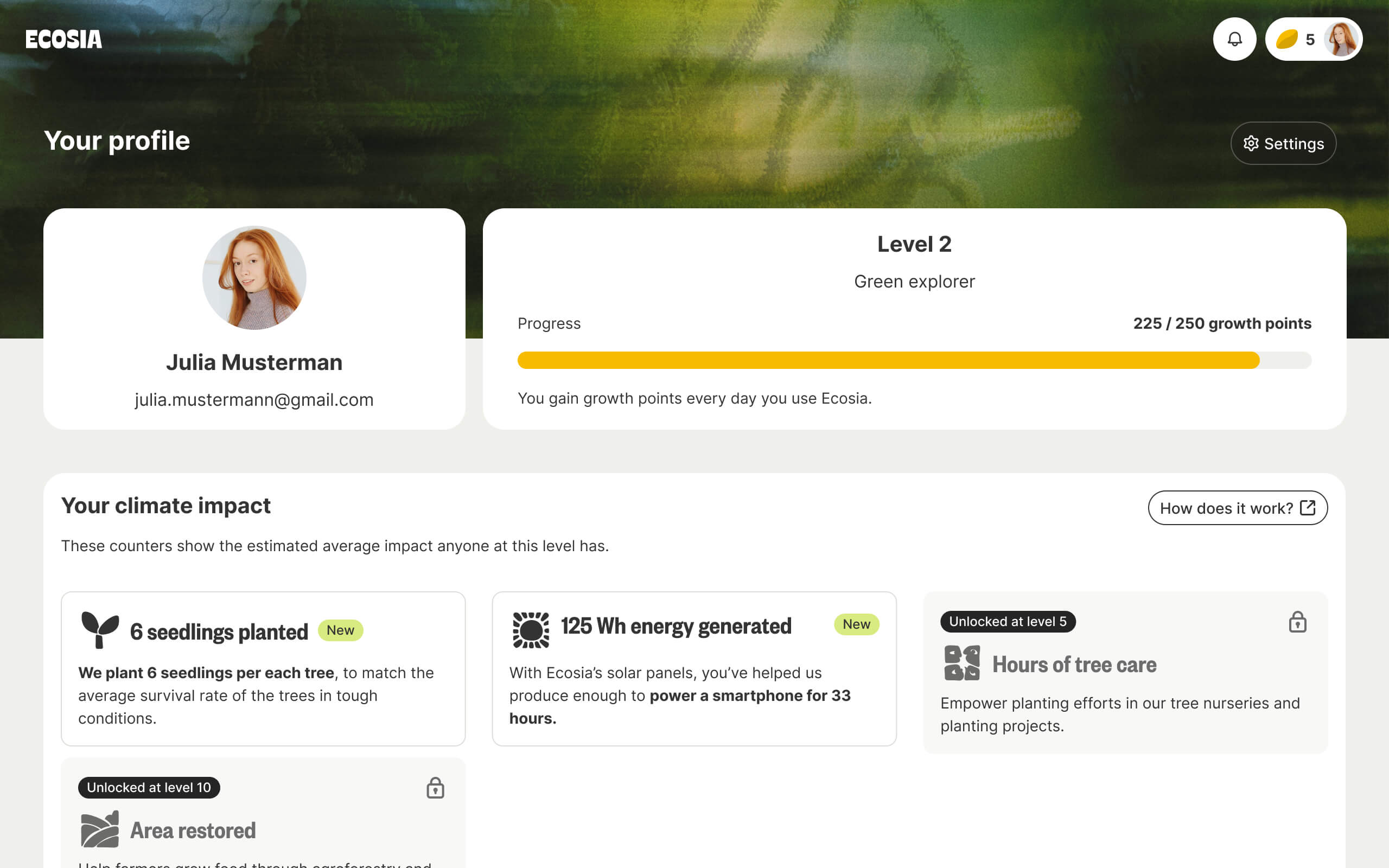 Screenshot of Profile page, showing the account profile image, email , level of user and climate impact stats. 
