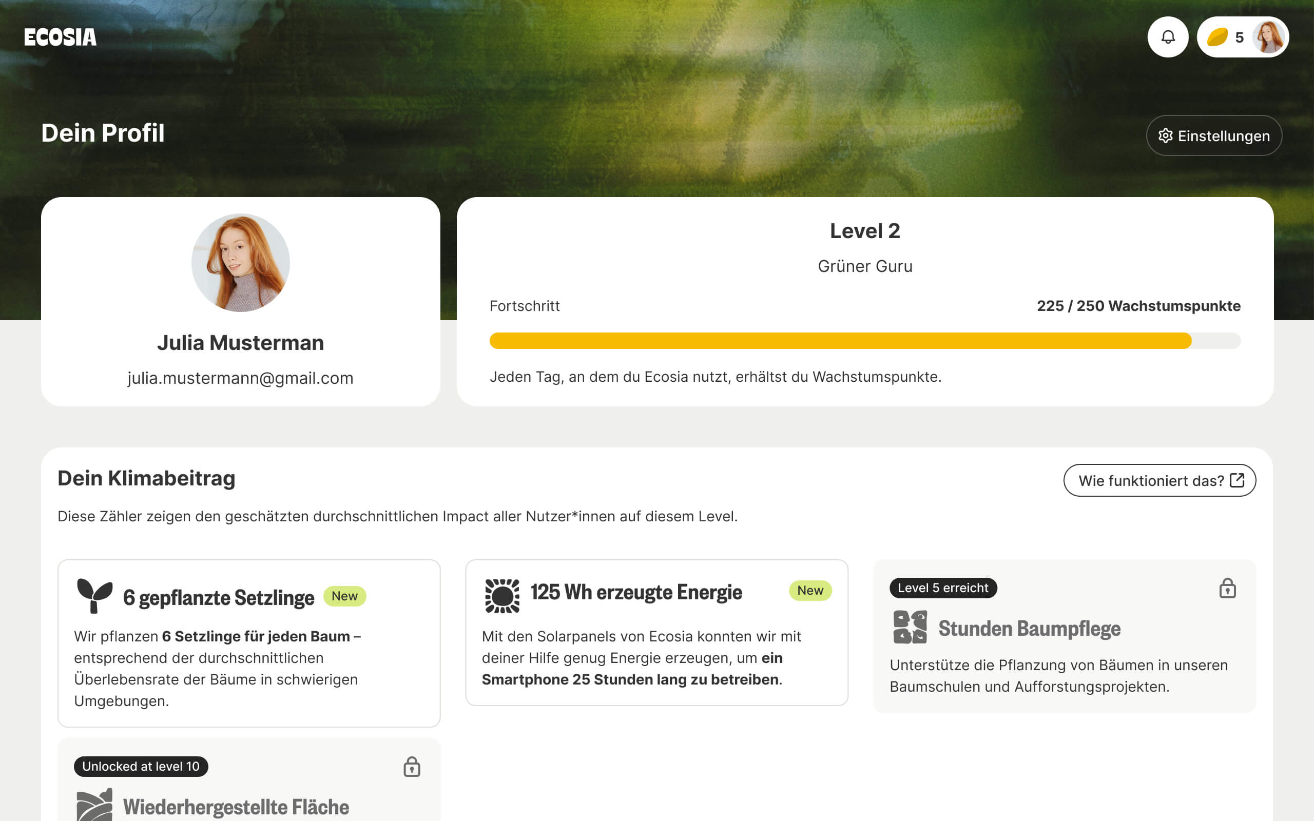 Profilseite des Ecosia Accounts, mit Level und dem Klimabeitrag