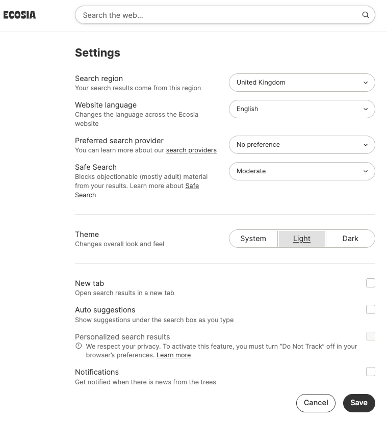 Screenshot Ecosia Settings