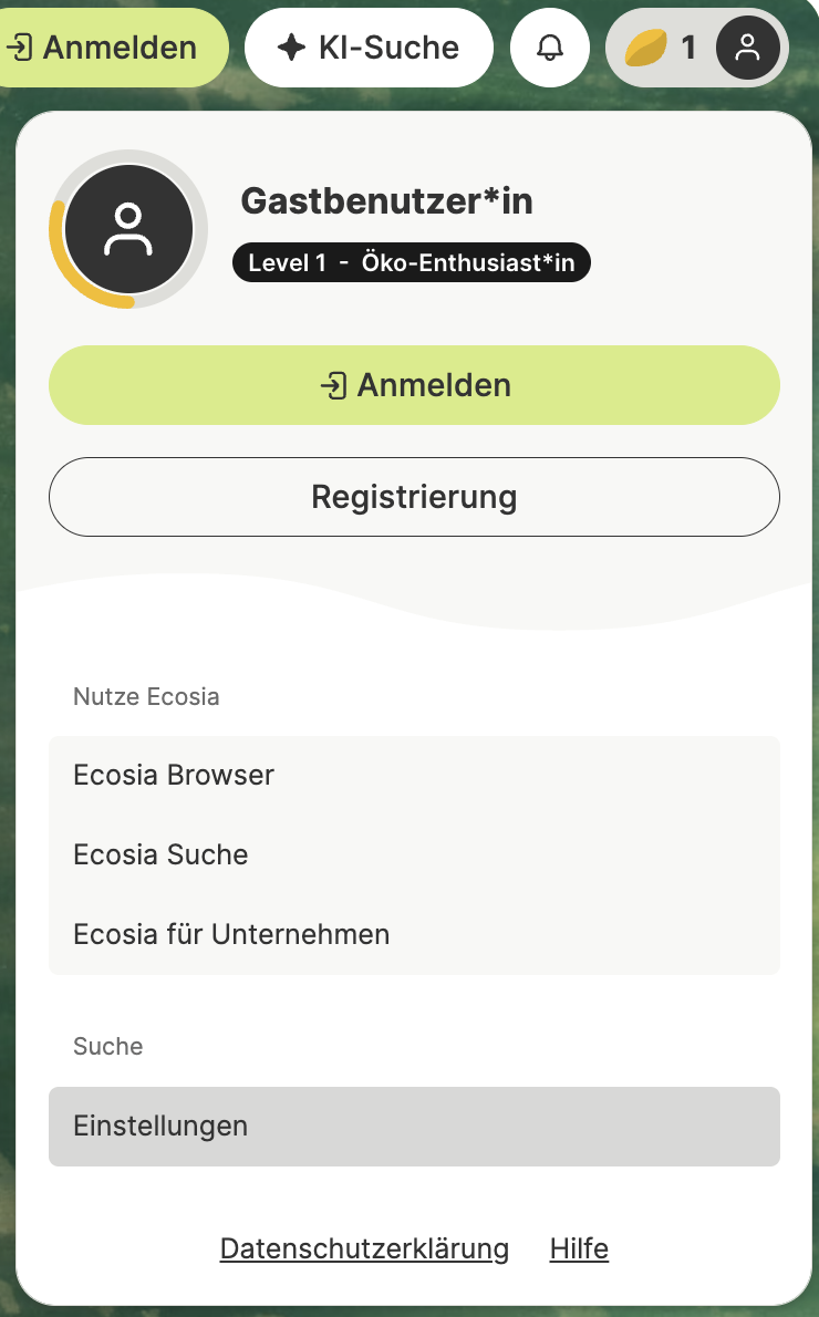 Screenshot Ecosia Profil > Einstellungen