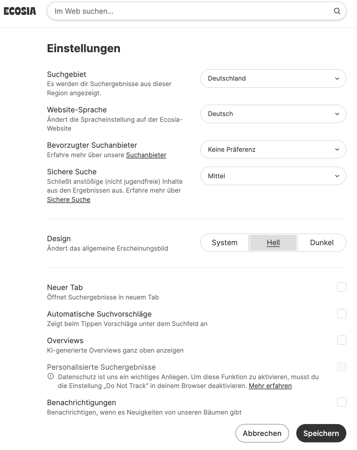 Screenshot Ecosia Sucheinstellungen 