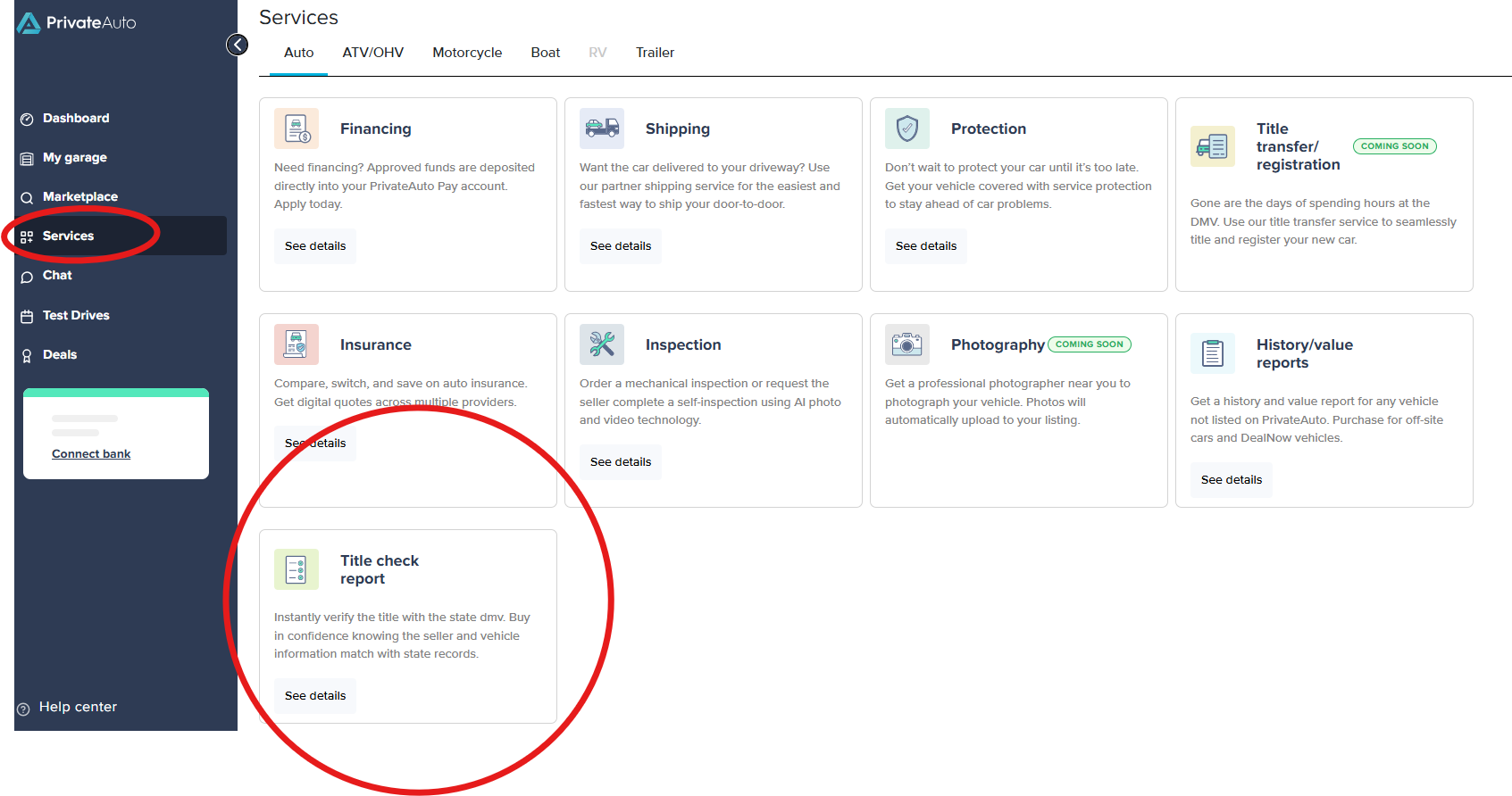 The navigation bar is popped out, and you can see that the Services tab is open. On this page you can see that there is a Title check report at the bottom of the optional service