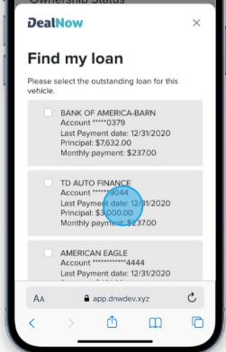 Mobile screen showing the Find My Loan list with three lenders—Bank of America, TD Auto Finance, and American Eagle—each displaying last payment date, balance, and monthly payment.