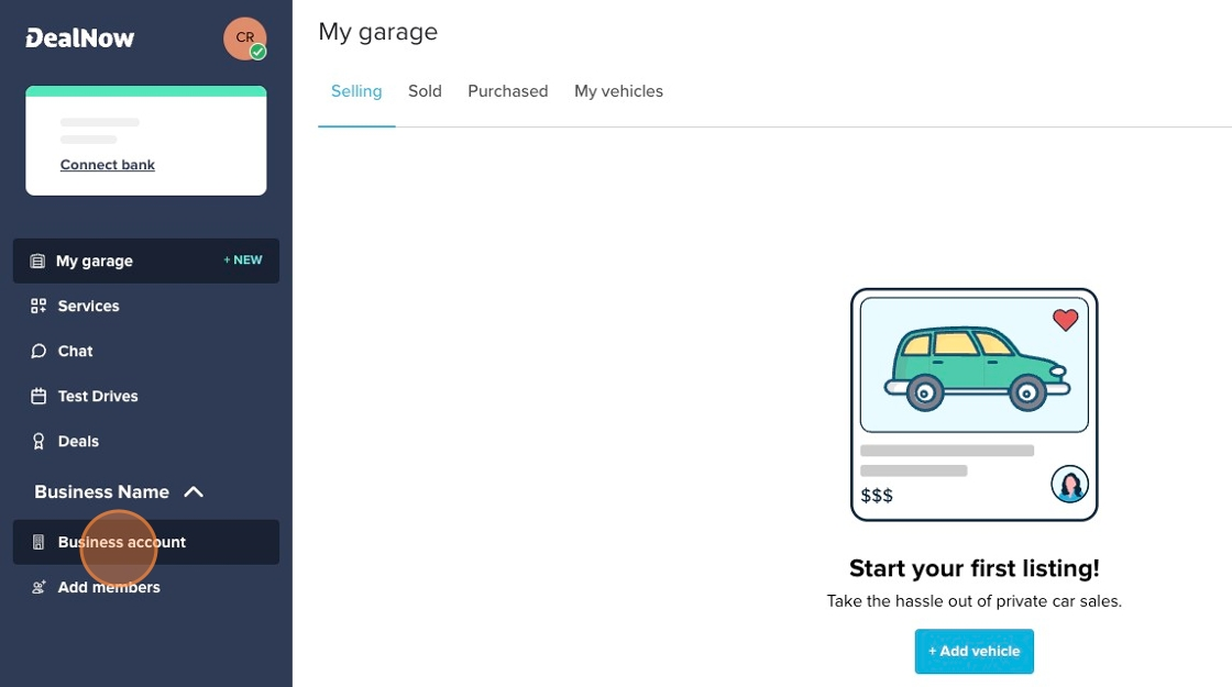 User dashboard with Business account option highlighted in the left navigation menu