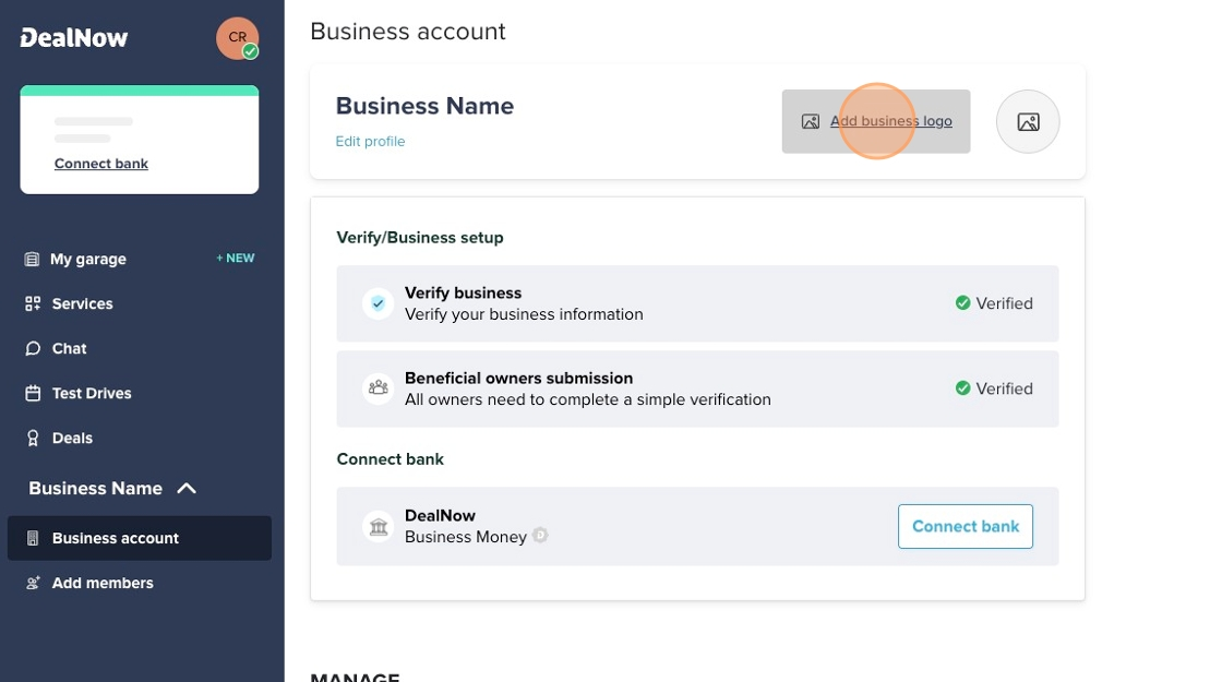 Business account page showing Add business logo button highlighted at the top of the business profile section