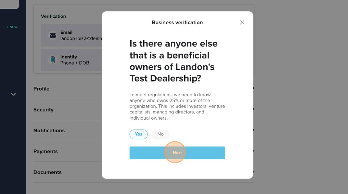 Screen showing option to confirm additional beneficial owners, with the Yes and Next buttons highlighted