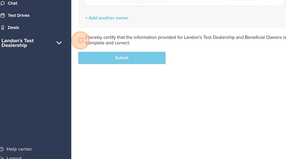 Verification page showing checkbox to certify information accuracy and Submit button highlighted