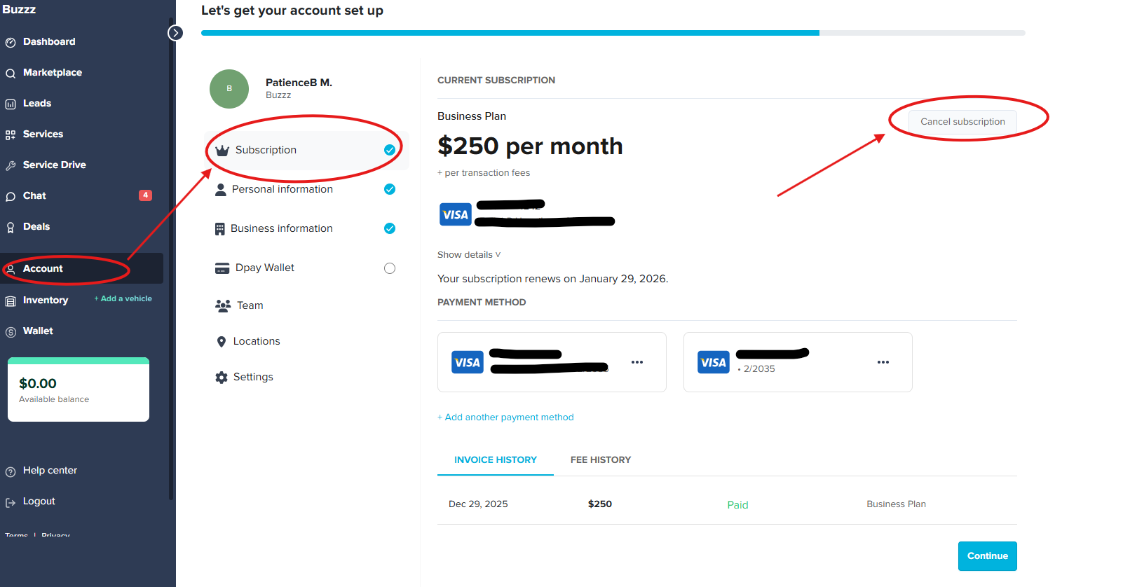 Account Subscription page showing the left navigation with Account selected, the Subscription tab highlighted, and a ‘Cancel subscription’ button located in the top right of the subscription details page.
