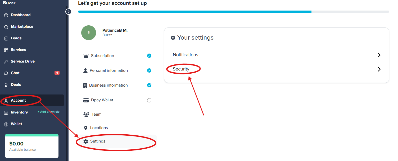 Account Settings page showing the Account section selected in the left navigation, with the Settings option highlighted and Security listed as a selectable option under Your settings.