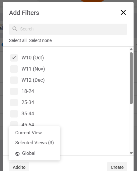 The Add Filters dialog with the Add to menu open, showing Current View, Selected Views (3) and Global