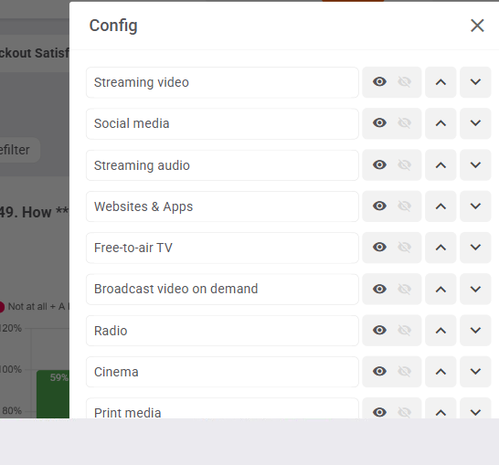 The Statements config: each statement has a relabel field, a show/hide toggle and reorder arrows - no merge, exclude or score controls