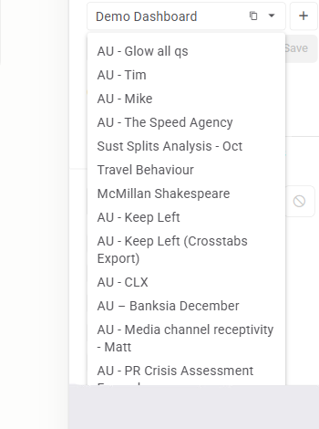 The dashboard bar with the switcher open: the current dashboard's name, duplicate and add buttons, and a list of the survey's other dashboards