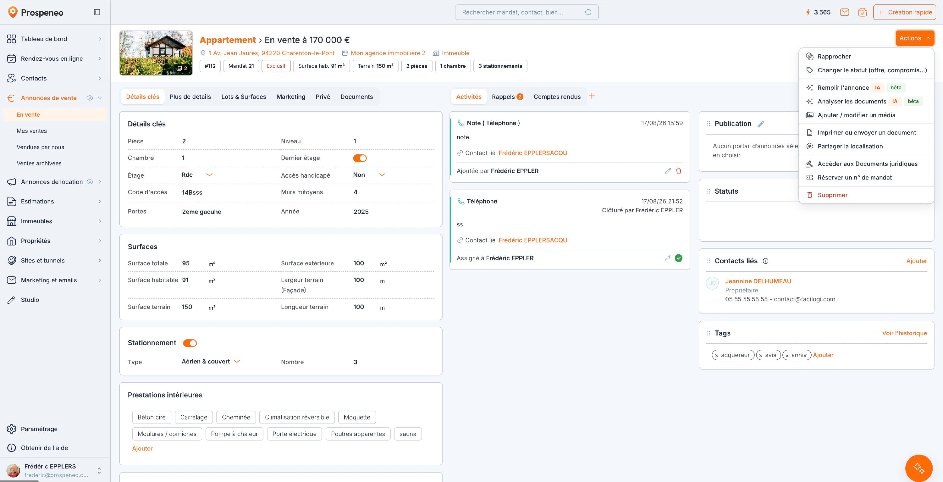 Le menu « Actions » d'une annonce, ouvert, avec l'entrée « Imprimer ou envoyer un document ».