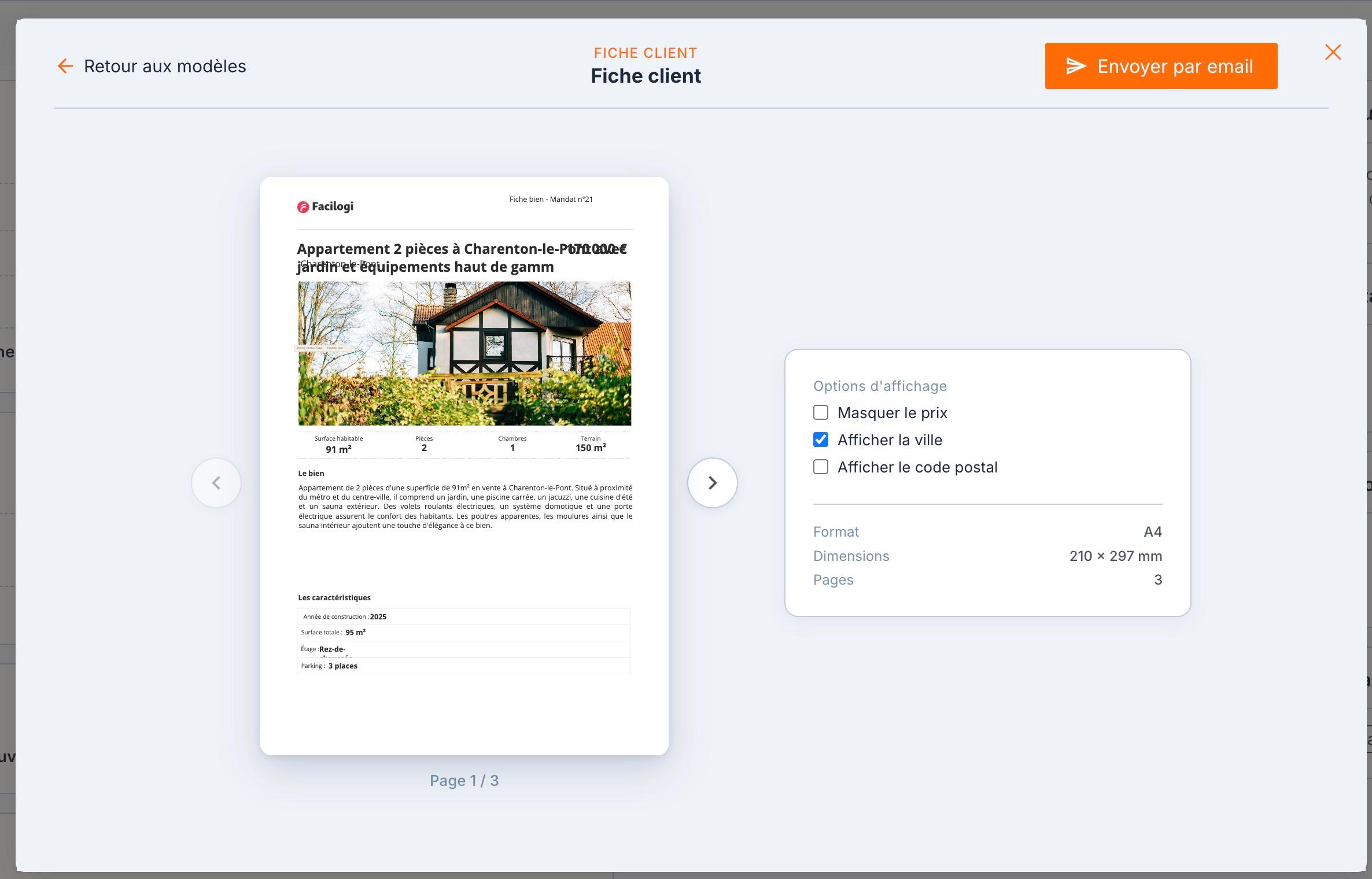 L'aperçu d'une « Fiche client » de 3 pages, avec le bouton « Envoyer par email » en haut à droite.