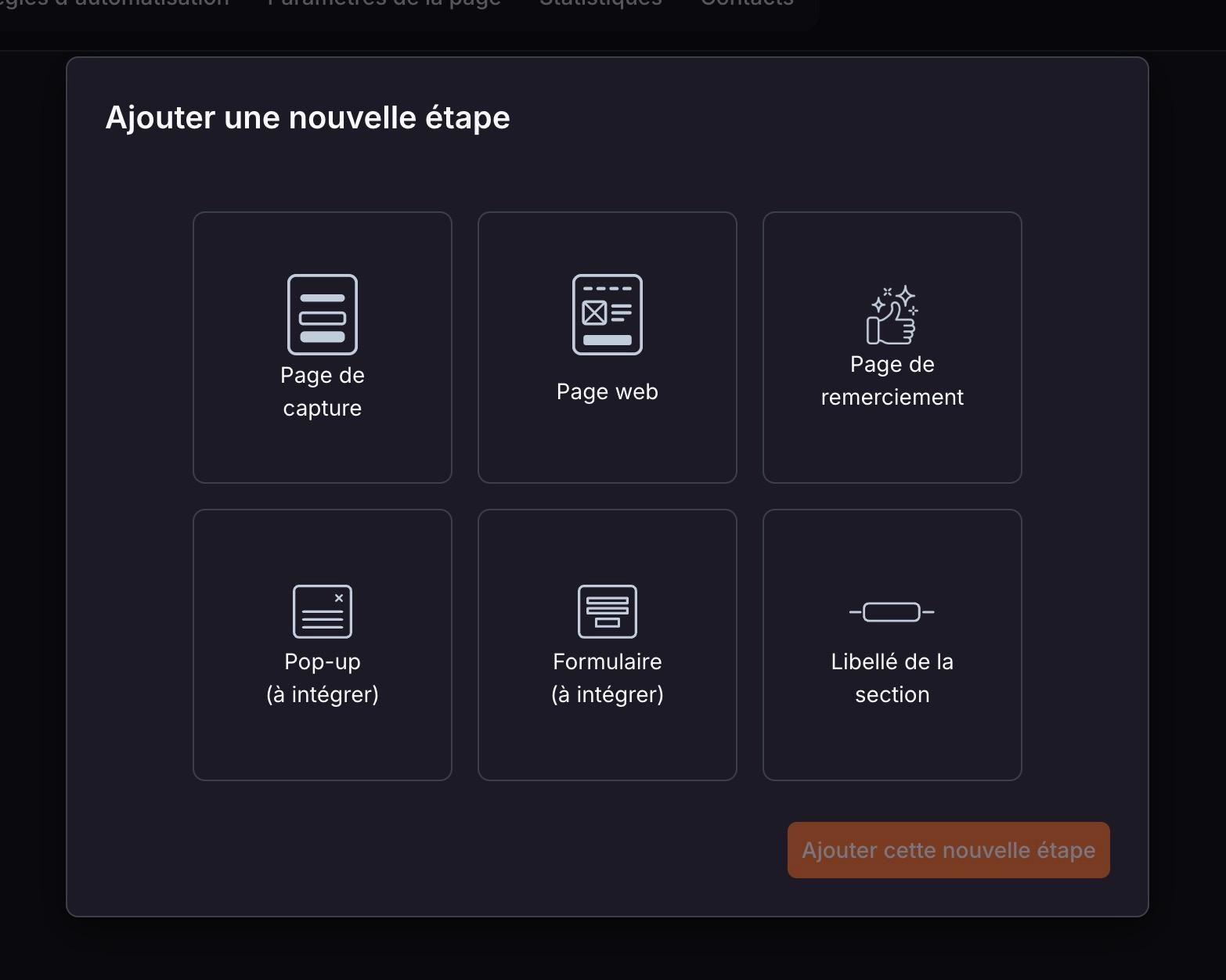 « Ajouter une nouvelle étape » : choisissez « Page de capture », puis « Ajouter cette nouvelle étape ».