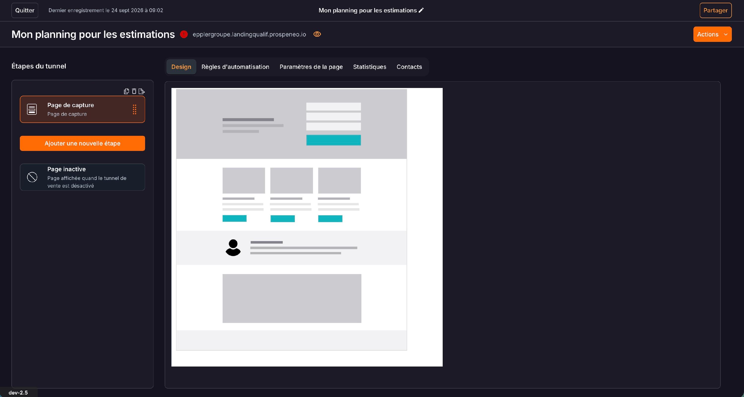 Le tunnel et son étape « Page de capture », onglet « Design » : l'aperçu de la page ouvre l'éditeur.