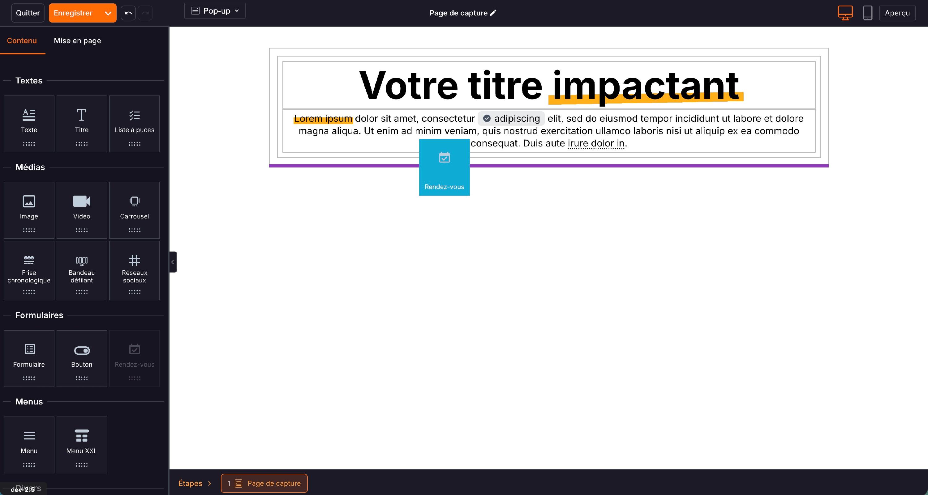 Dans l'éditeur, l'élément « Rendez-vous » de la partie « Formulaires » se glisse sur la page.