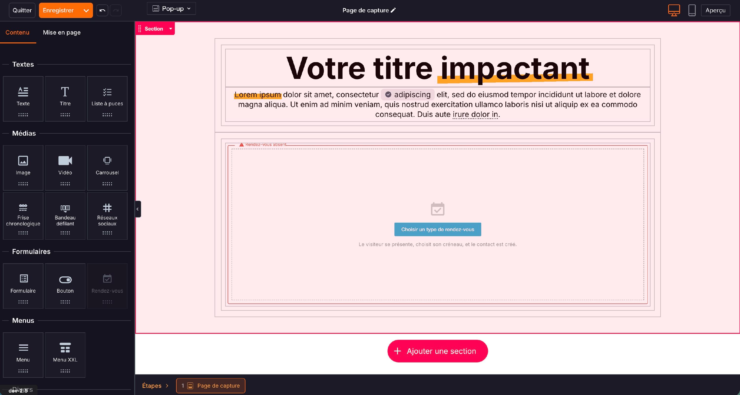 L'élément posé sur la page : « Choisir un type de rendez-vous » tant qu'aucun type n'est sélectionné.