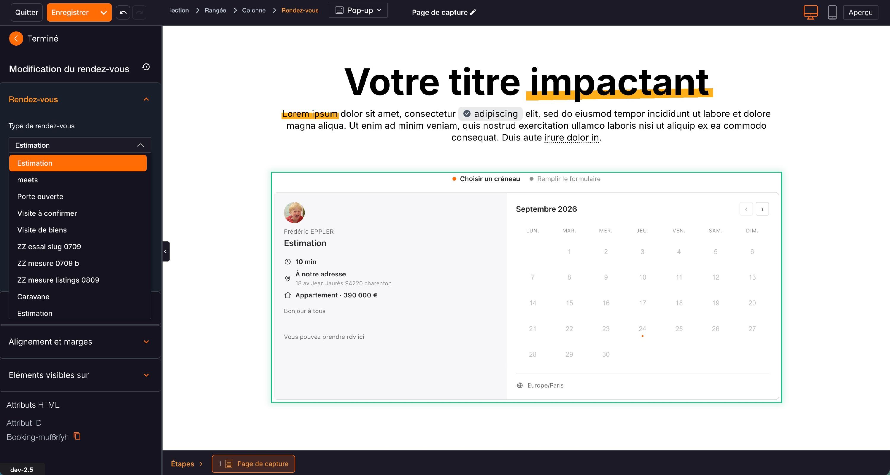 « Modification du rendez-vous » : la liste « Type de rendez-vous ». L'aperçu du créneau se charge aussitôt.