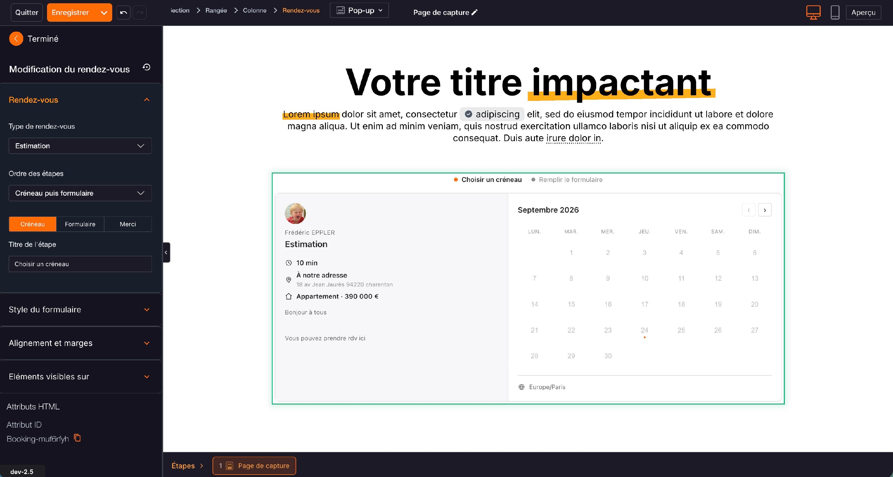 « Ordre des étapes » (« Créneau puis formulaire ») et les onglets « Créneau », « Formulaire » et « Merci », avec le titre de chaque étape.