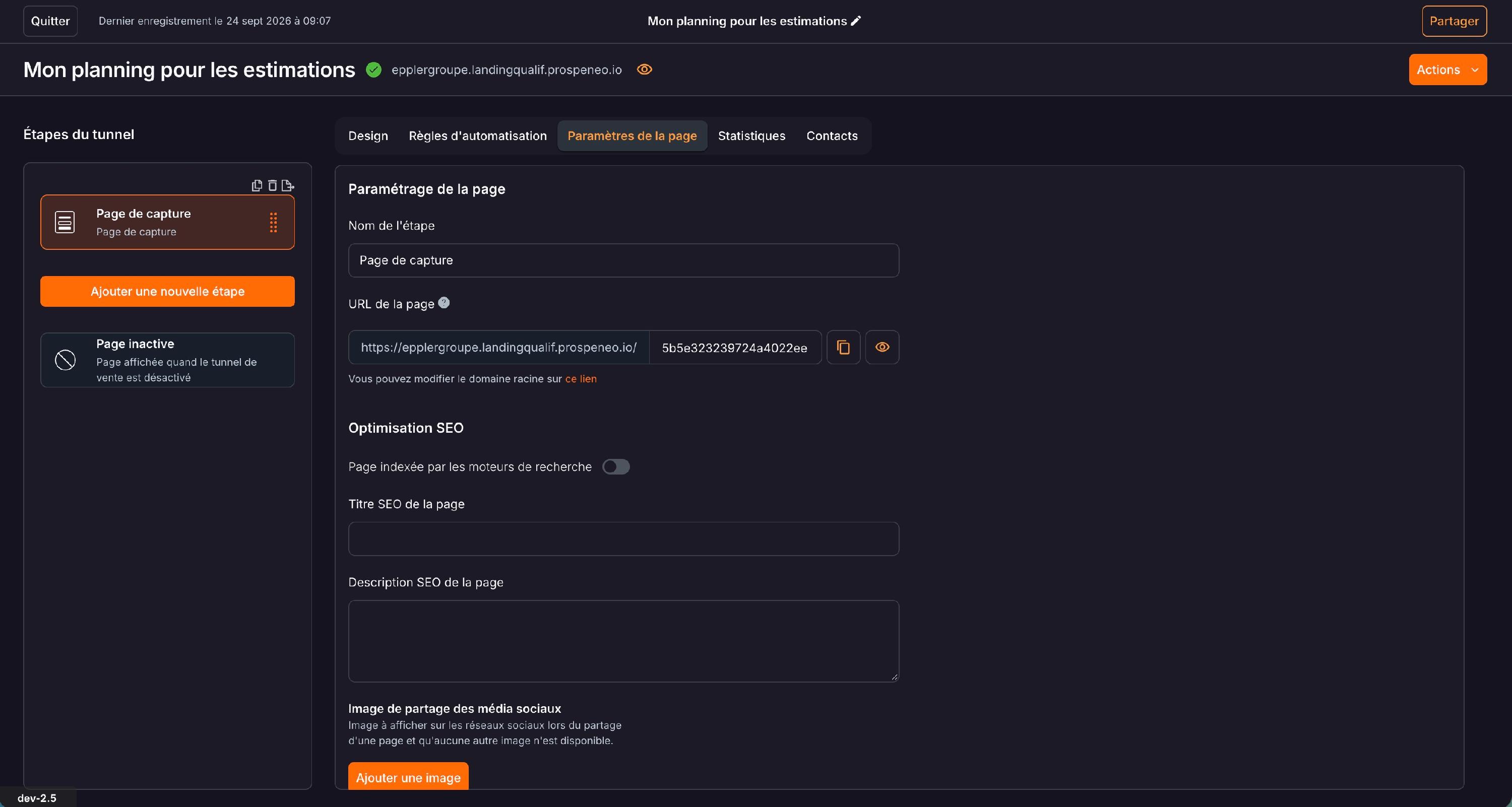 L'onglet « Paramètres de la page » : l'« URL de la page » à renommer, l'œil pour l'ouvrir, et l'« Optimisation SEO ».