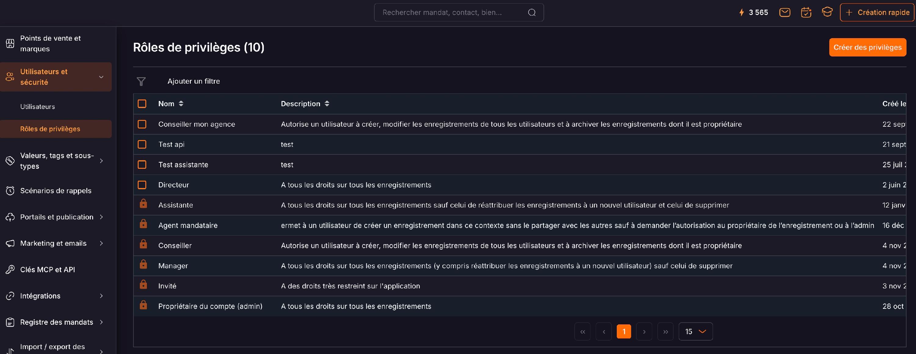 Paramétrage, « Utilisateurs et sécurité », puis « Rôles de privilèges » : la liste des rôles. Le cadenas signale les rôles par défaut.