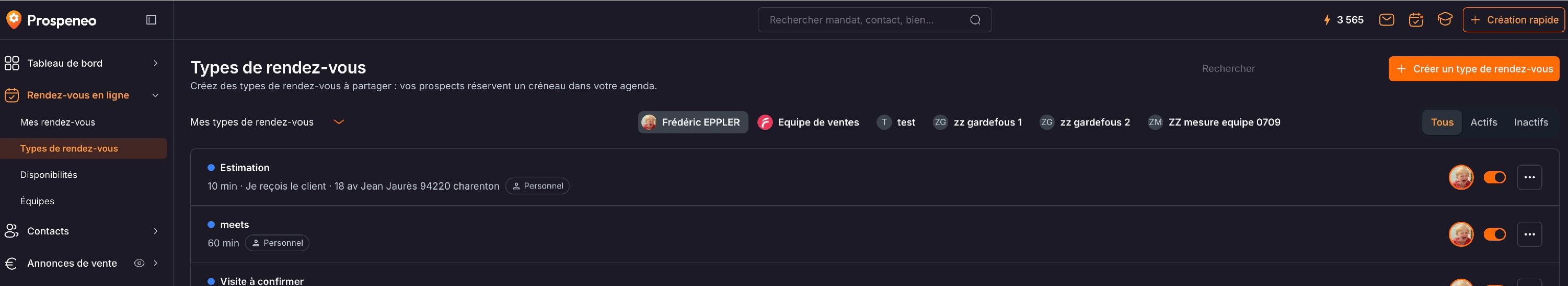 Le menu « Types de rendez-vous » : vos types et ceux de vos équipes, filtrables par profil, avec le bouton « Créer un type de rendez-vous ».