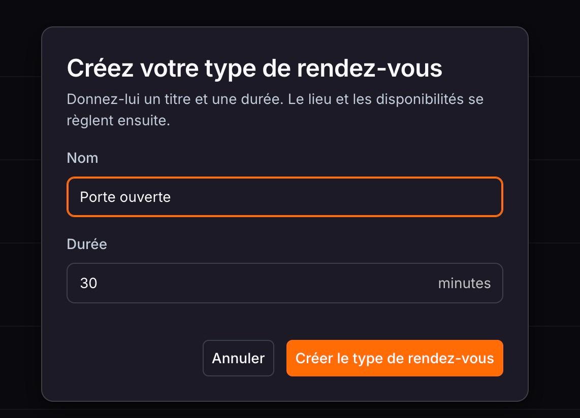 La fenêtre « Créez votre type de rendez-vous » : un nom et une durée, puis « Créer le type de rendez-vous ».