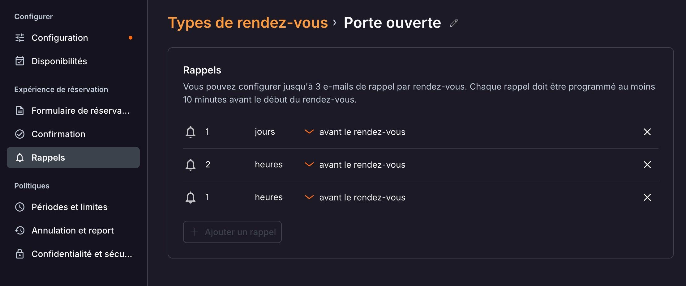 L'onglet « Rappels » : jusqu'à 3 e-mails de rappel par rendez-vous, programmés en jours ou en heures avant le rendez-vous.
