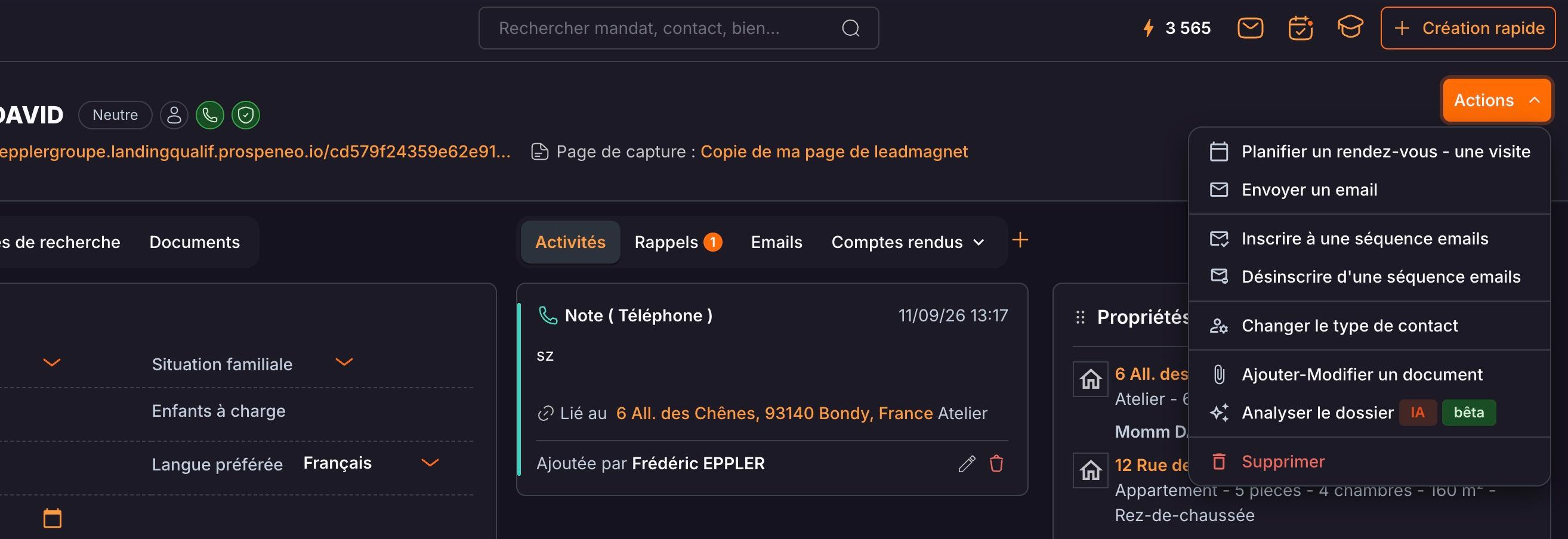 Le menu « Actions » de la fiche contact : « Planifier un rendez-vous - une visite » en tête de liste.