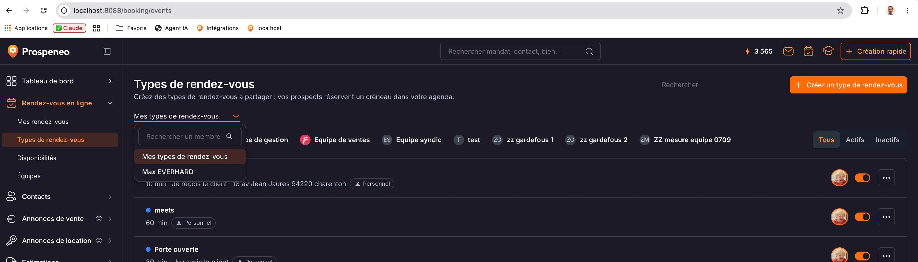 « Types de rendez-vous » : la liste « Mes types de rendez-vous » bascule sur un collaborateur, les filtres par équipe au-dessus de la liste.