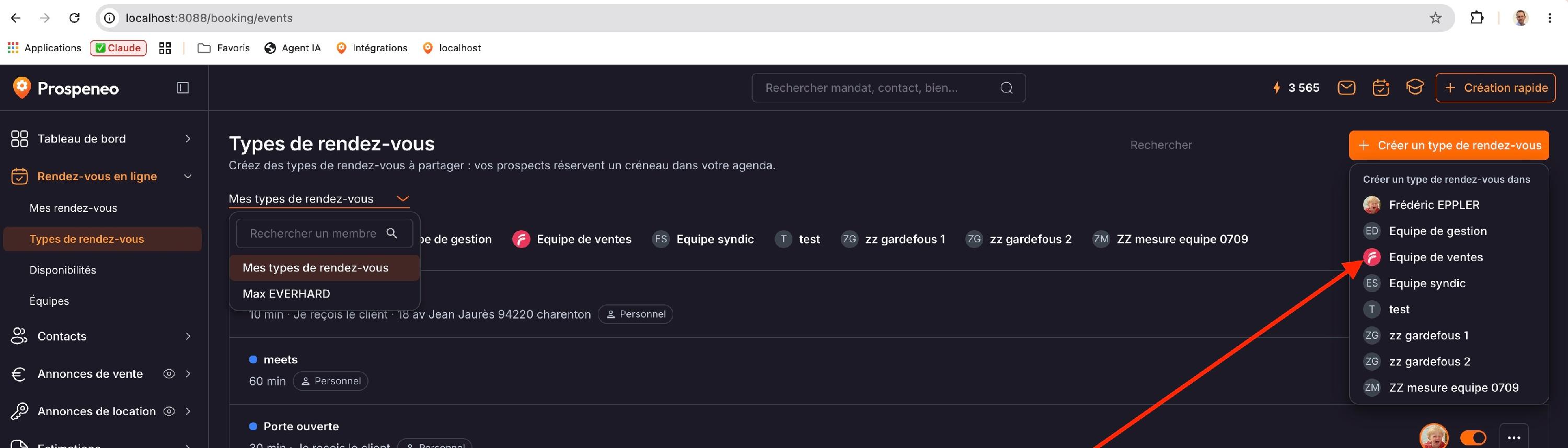 « Créer un type de rendez-vous » : choisissez s'il est créé pour vous ou dans une équipe, par exemple « Equipe de ventes ».