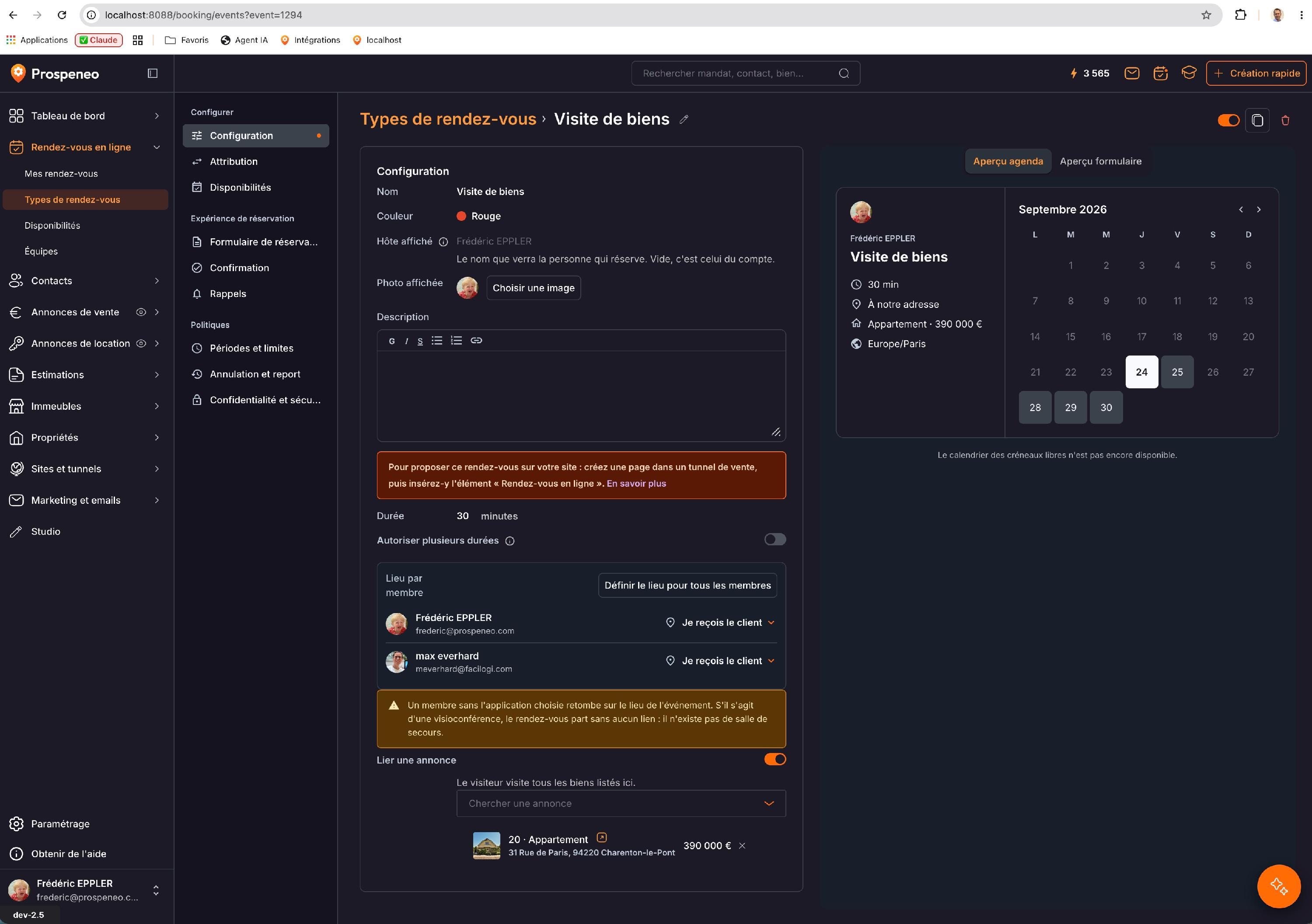 La « Configuration » d'un type d'équipe : « Lieu par membre » (ici « Je reçois le client » pour chacun) et « Lier une annonce ».