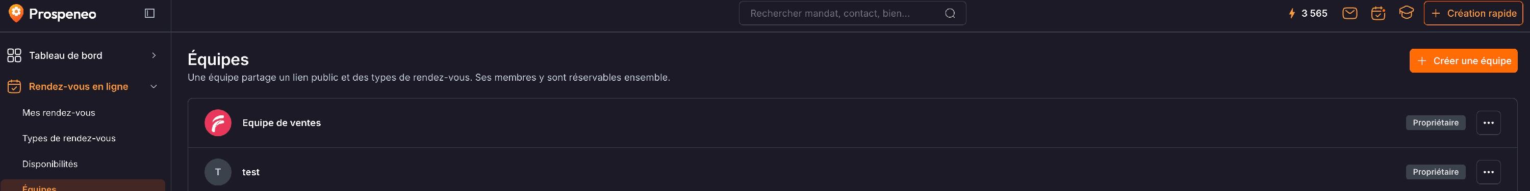 Le menu « Équipes » des rendez-vous en ligne : la liste de vos équipes et le bouton « Créer une équipe ».
