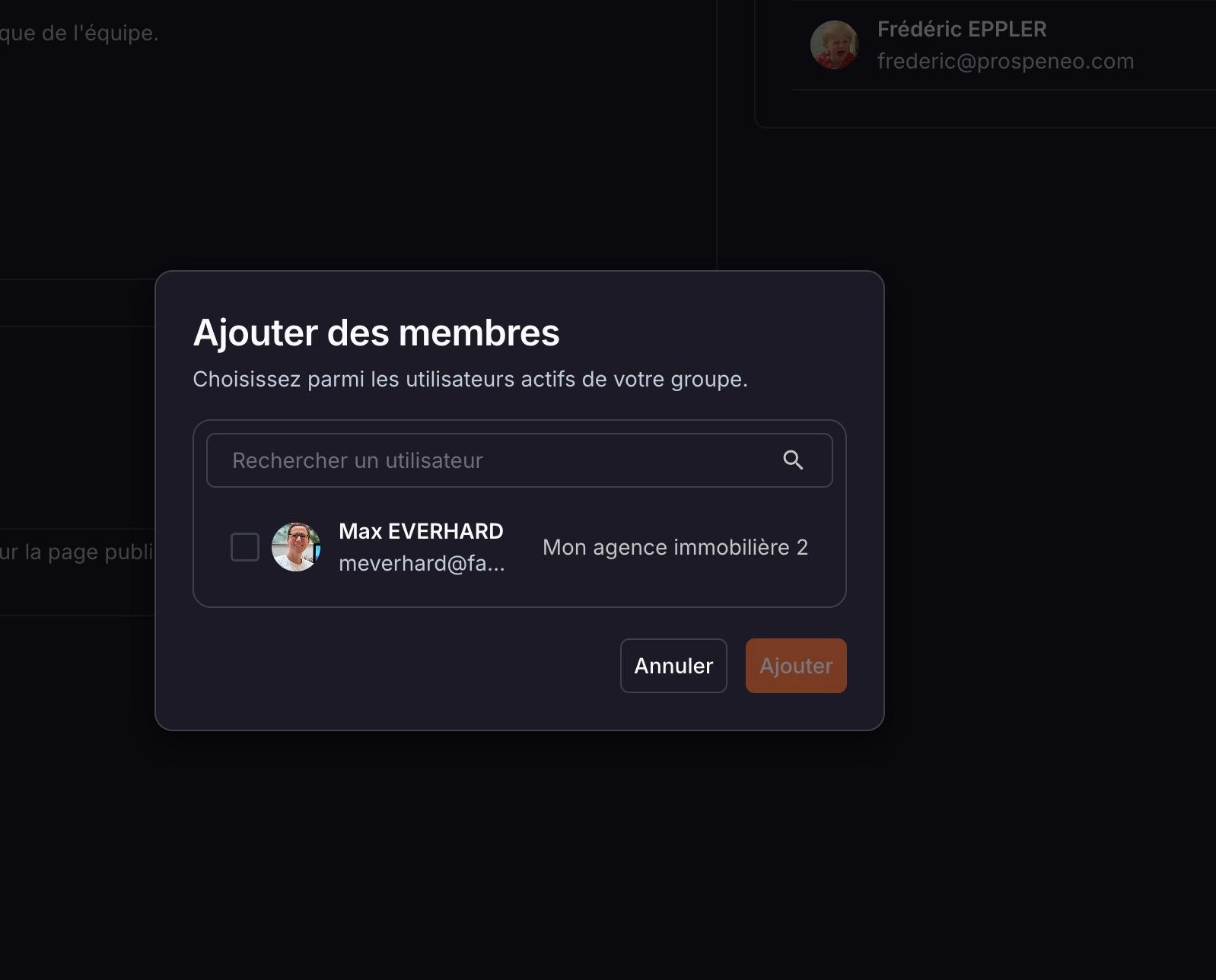 La fenêtre « Ajouter des membres » : cochez les utilisateurs actifs de votre groupe, puis « Ajouter ».