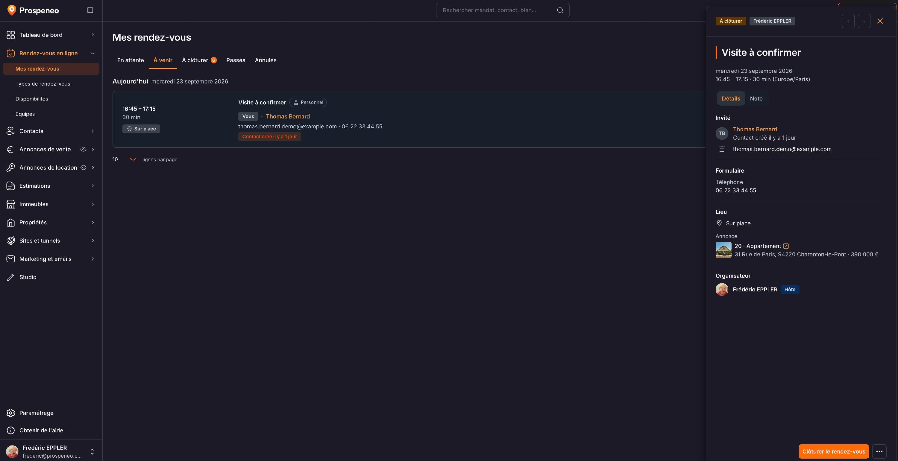 Le menu « Mes rendez-vous », onglet « À venir » : au clic sur un rendez-vous, son détail s'ouvre à droite (invité, formulaire, lieu, annonce liée, organisateur).