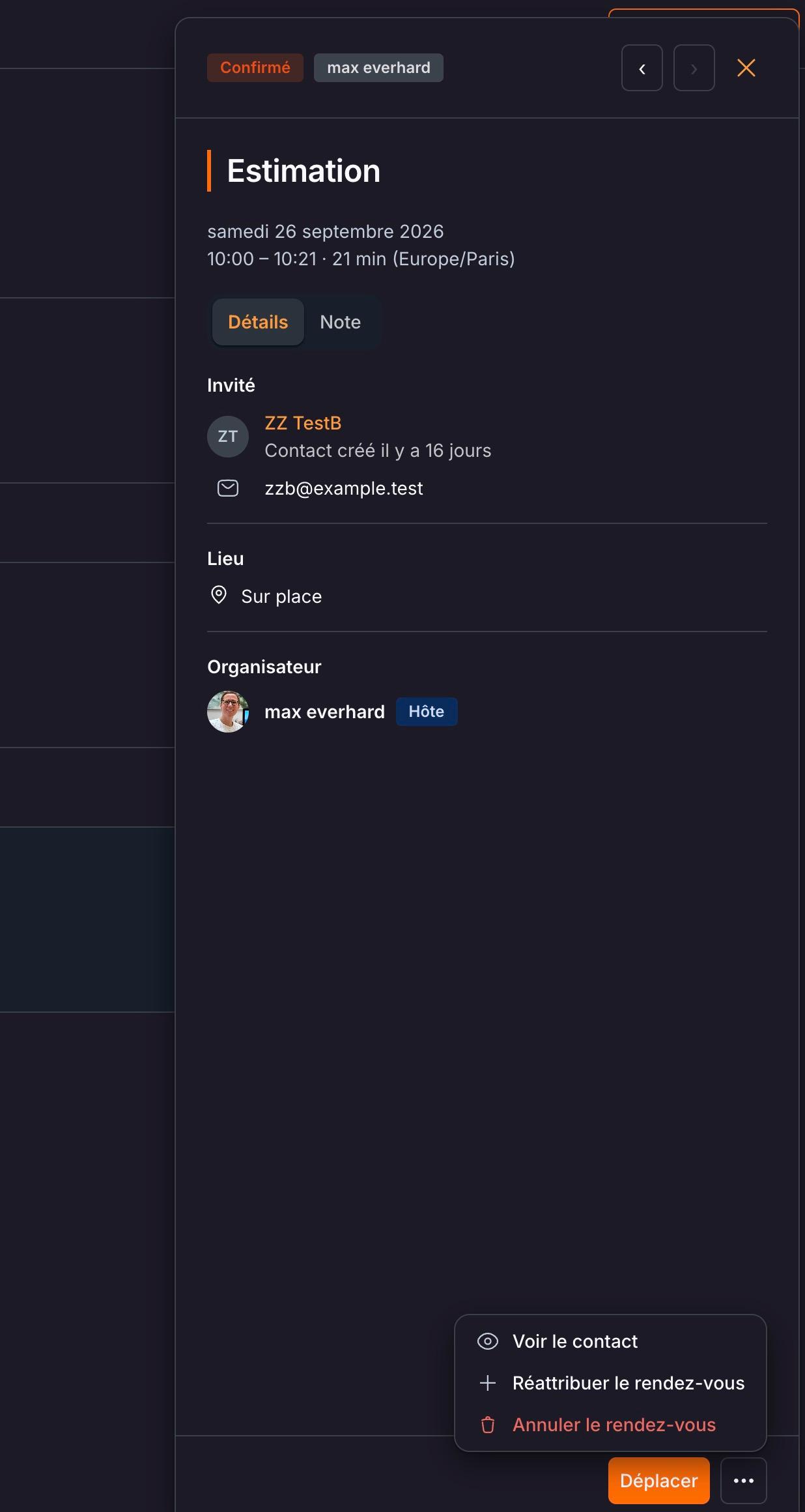 Le menu « … » d'un rendez-vous à venir : « Voir le contact », « Réattribuer le rendez-vous », « Annuler le rendez-vous », à côté du bouton « Déplacer ».
