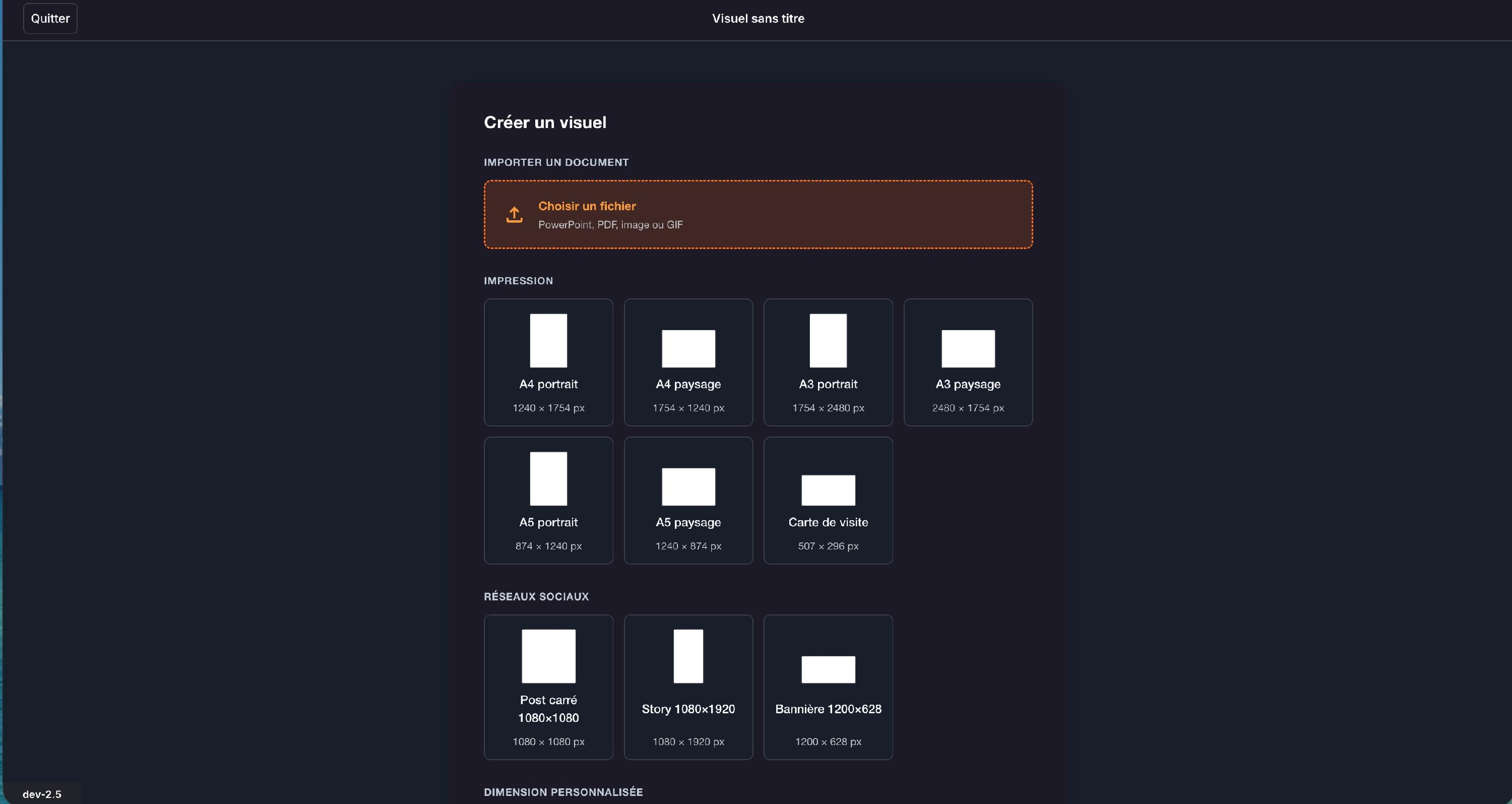 « Nouveau visuel » ouvre « Créer un visuel » : choisissez le format, ici A4 paysage dans la partie « Impression ».