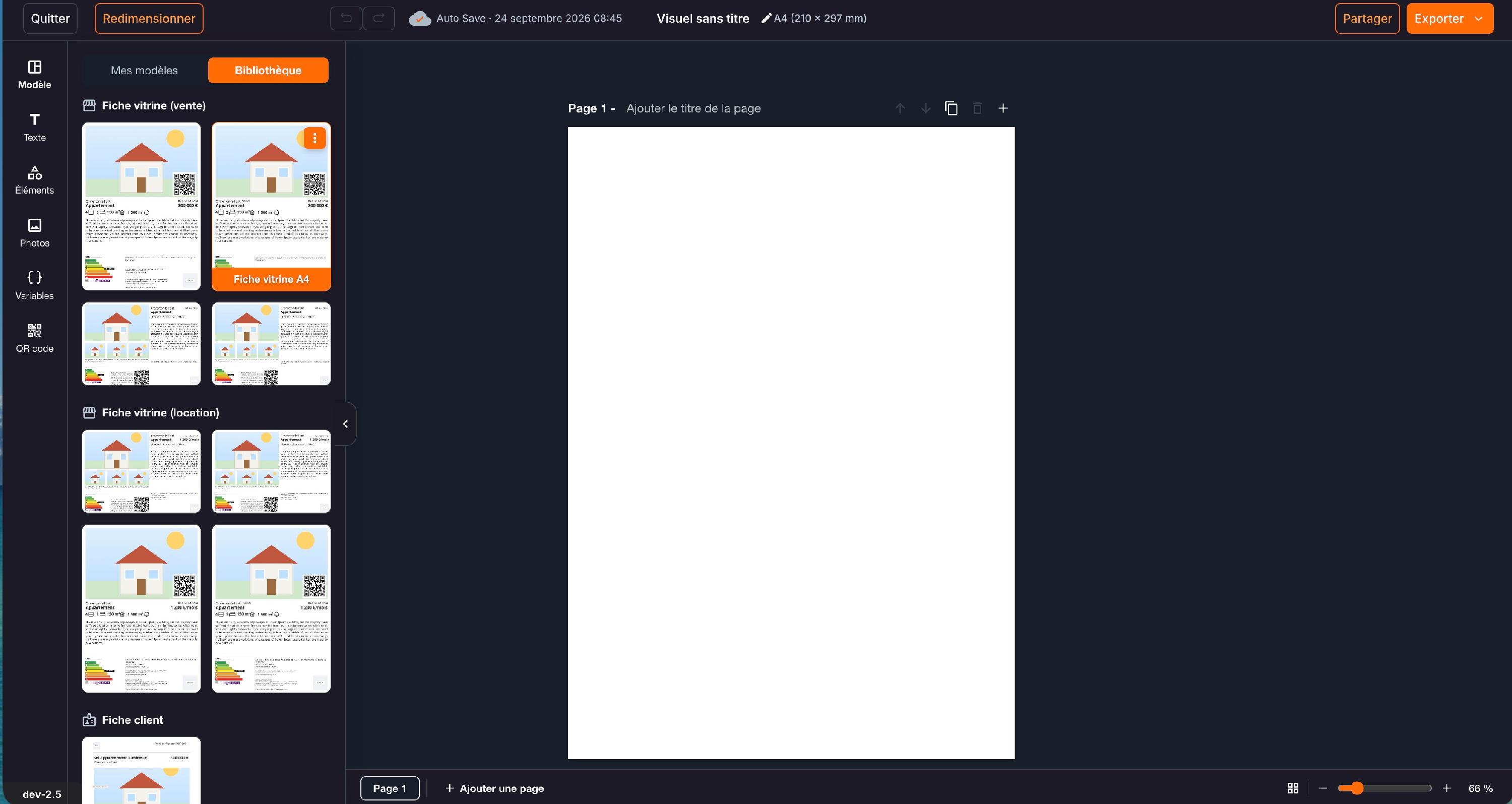 « Modèle », onglet « Bibliothèque » : les fiches vitrine de vente et de location. Au survol, le nom du modèle s'affiche ; un clic le copie dans votre document.