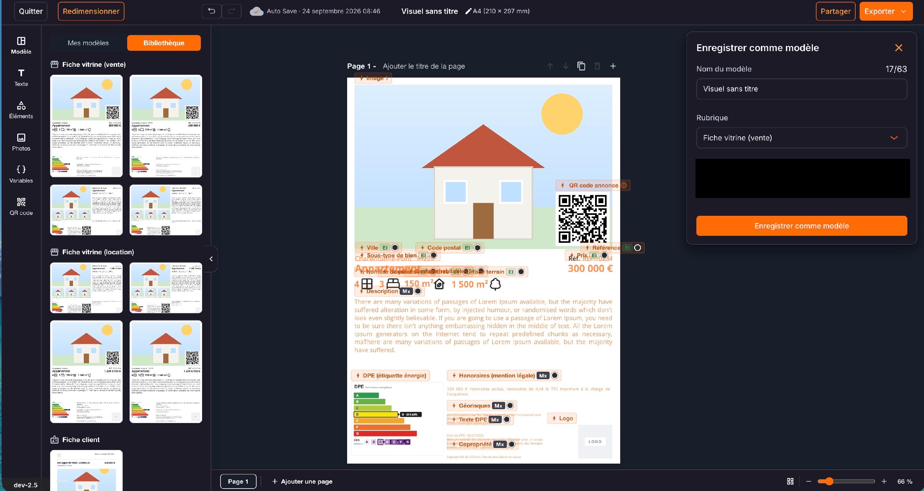 Le modèle copié sur la page, avec ses variables (DPE, copropriété, surfaces…), et le panneau « Enregistrer comme modèle » : nom du modèle et rubrique « Fiche vitrine (vente) ».