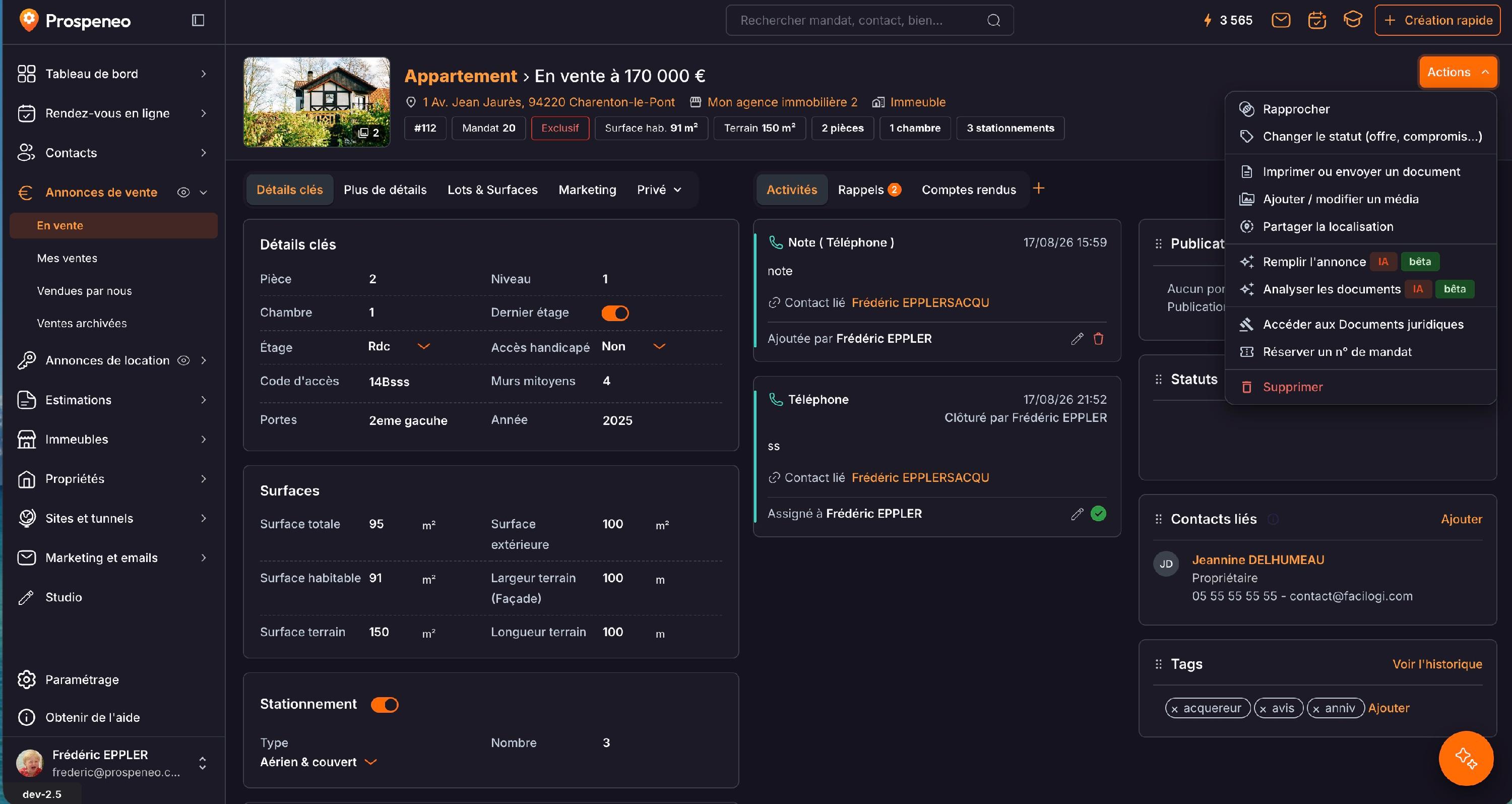 Sur l'annonce, le menu « Actions » : « Imprimer ou envoyer un document ».