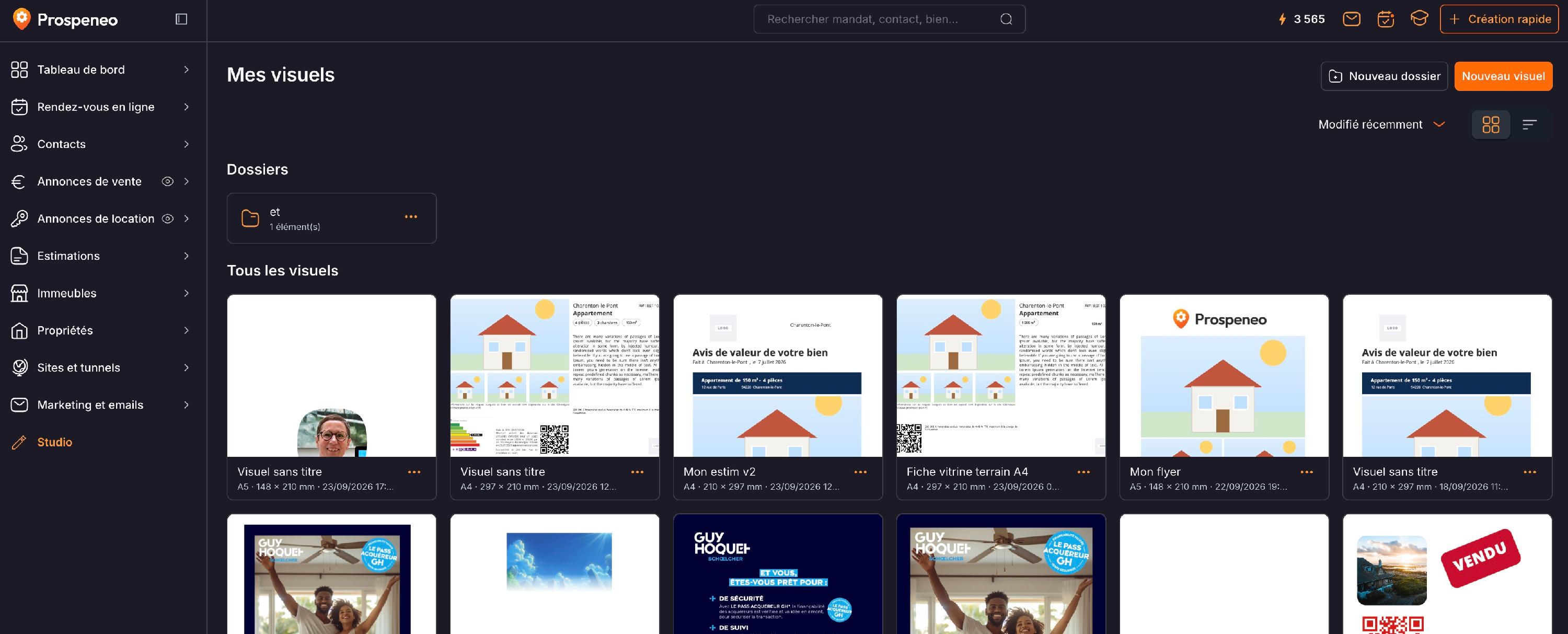 Le Studio, « Mes visuels » : le bouton « Nouveau visuel » en haut à droite.